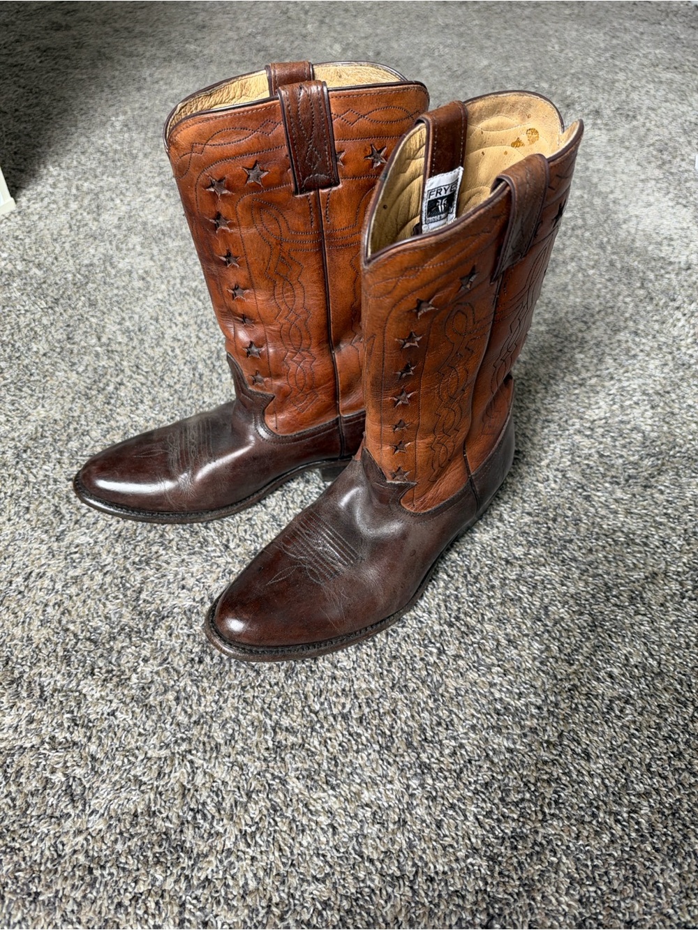Frye Two-Tone Brown Leather Western Heeled Boots